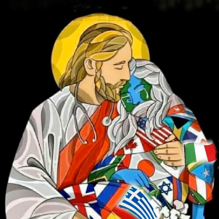 Artistic image of Jesus cradling a crying person made of the flags of the world.