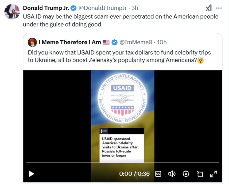 Screenshot of a post by I Meme Therefore I am (reposted by Donald Trump). Reads: Did you know that USAID spent your tax dollars to fund celebrity trips to Ukraine, all to boost Zelensky's popularity among Americans?