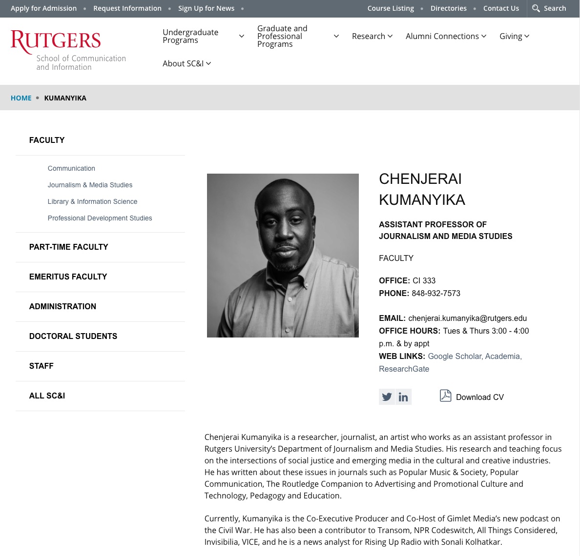 Screenshot Rutgers: Chenjerai Kumanyika  profile