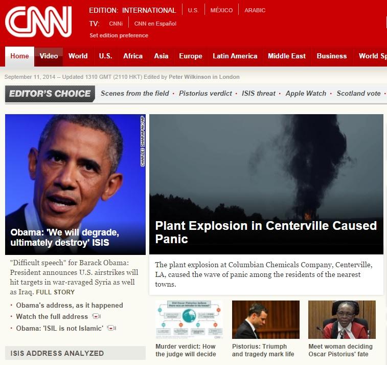 Fake cnn image of non-existant chemical plant explosion photoshopped with obama posted on a troll account.