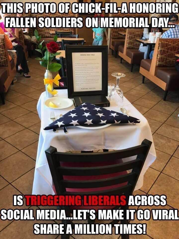 A meme making fun of liberals for being triggered by a display at Chick-fil-A honoring fallen soldiers.