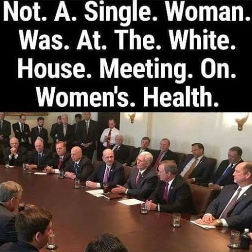 A long table surrounded by men in suits is captioned: "Not a single woman was at the White House meeting on women's health."