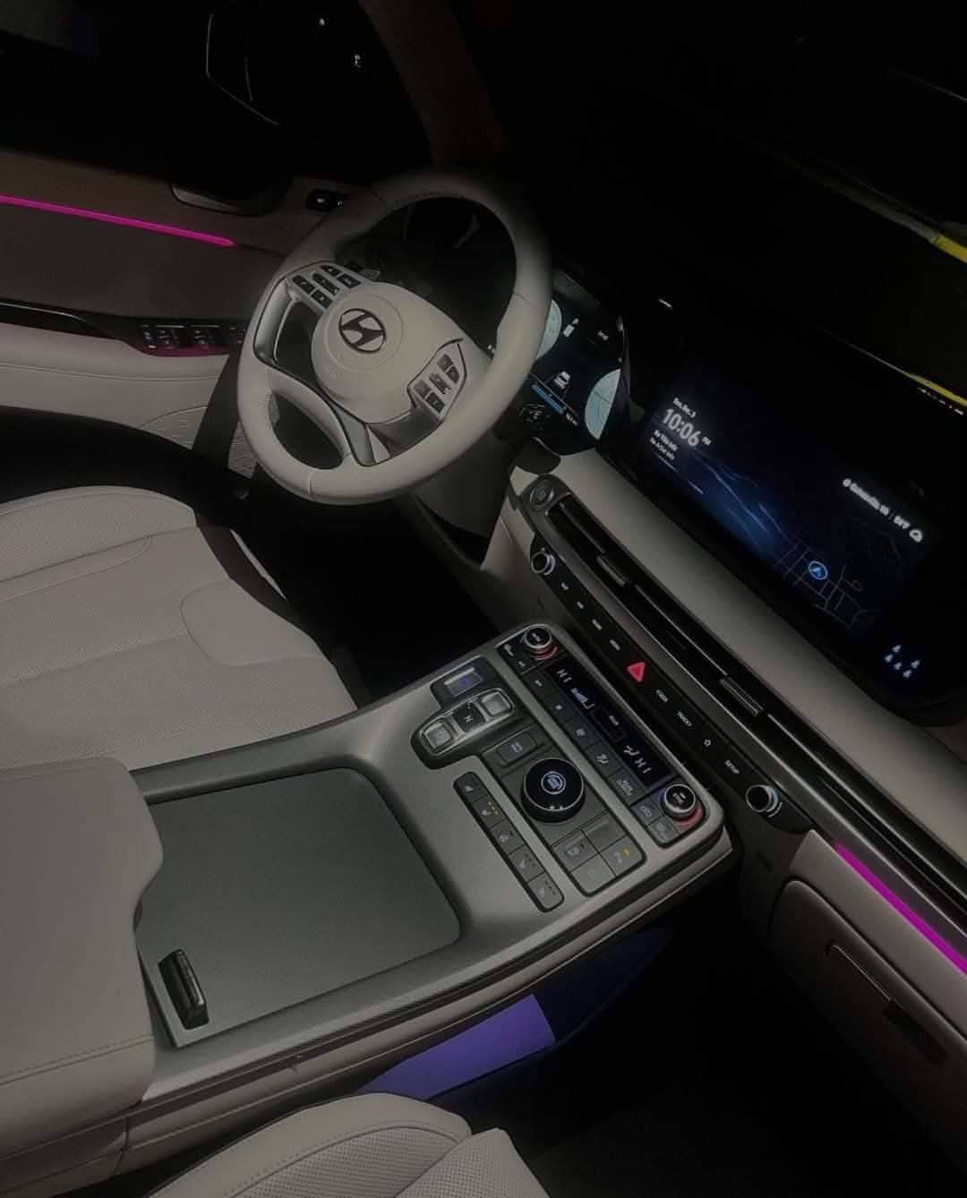 Closeup of interior dashboard and steering wheel of a Hyundai.