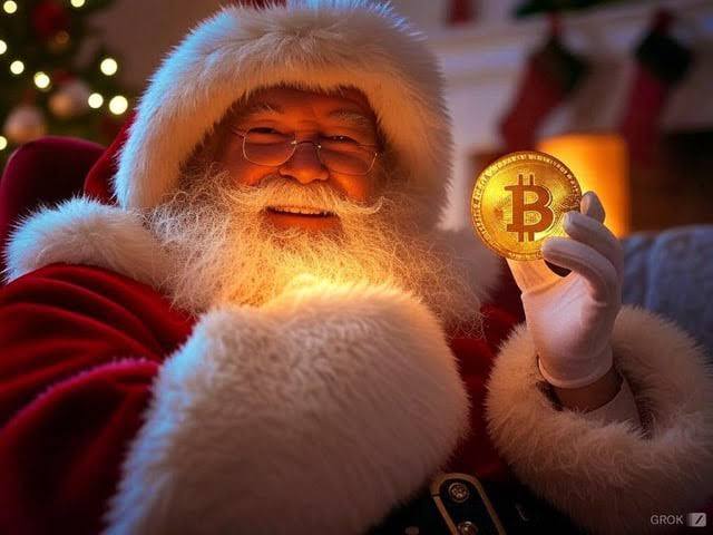 Santa Claus smiling and holding a bitcoin