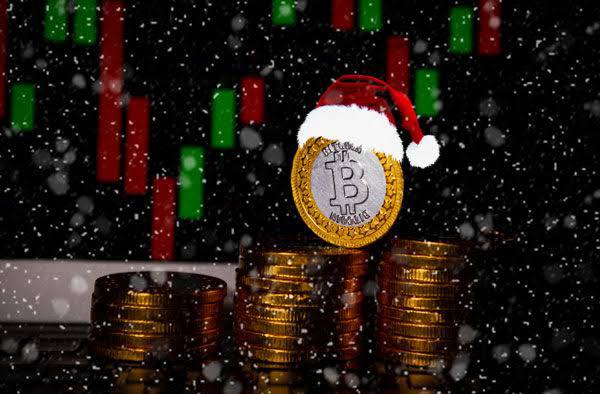 A pile of bitcoins with one standing upright with a santa hat on it and snow falling in the background.