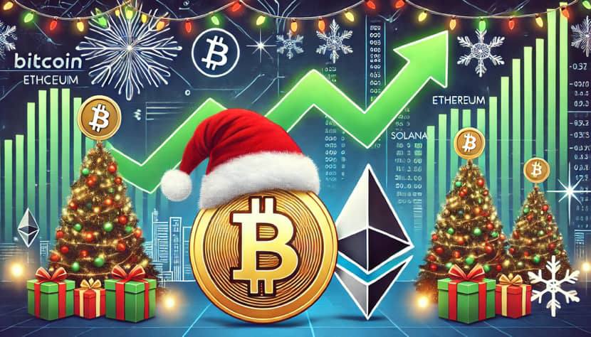 Bitcoin with a santa hat on surrounded by decorated Christmas trees and gifts under them. In the background there are bar charts and line graphs.