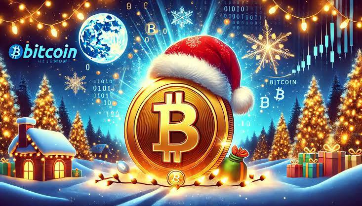 Giant bitcoin with a santa hat on in the snow with lighted Christmas trees and a snow covered cottage around.