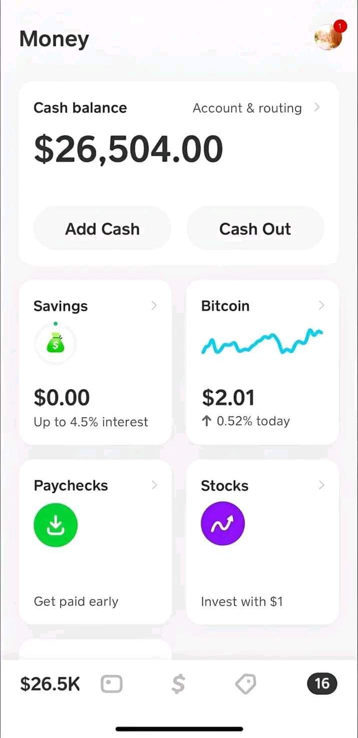 Screenshot of an banking app that reads: Cash balance $26,504.00, Savings 0.00, Bitcoin up 0.52% today.