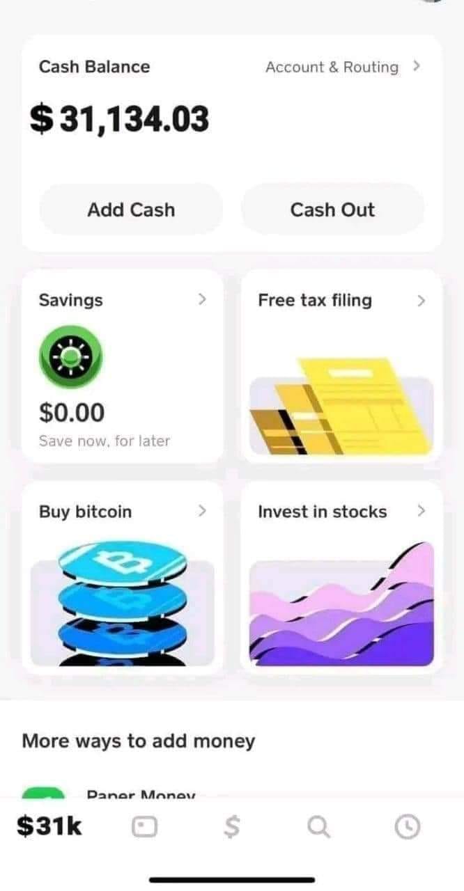 Screenshot of banking app that reads: Cash balance $31,134.03.