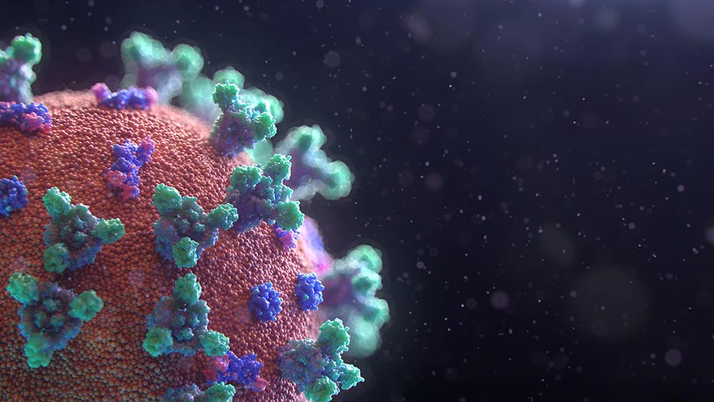 Close-up image of the coronavirus suspended on a dark background.