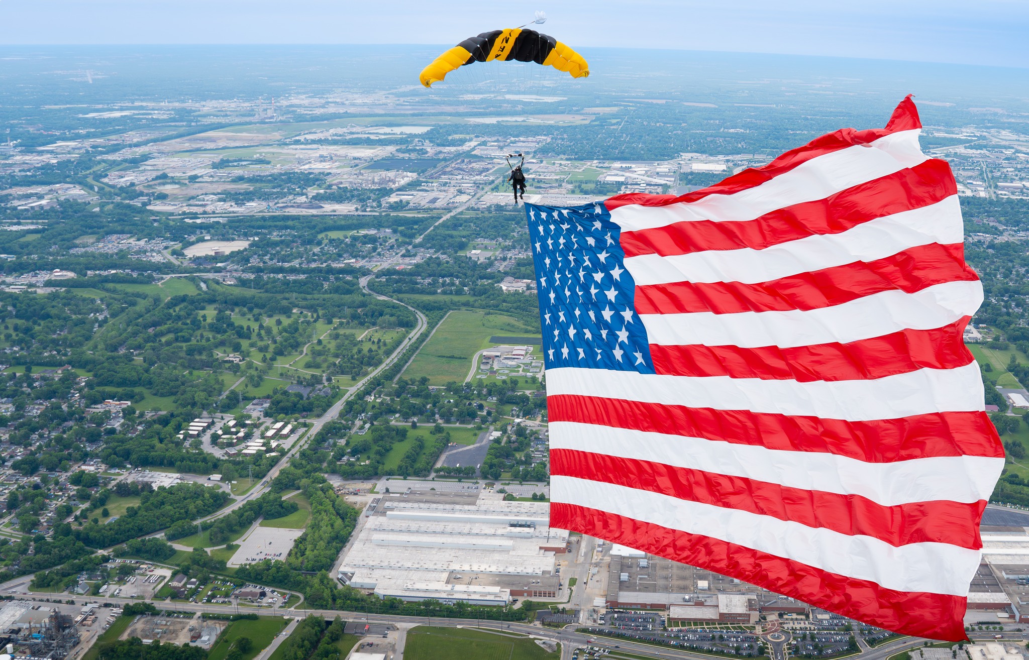 Skydivers with American flags